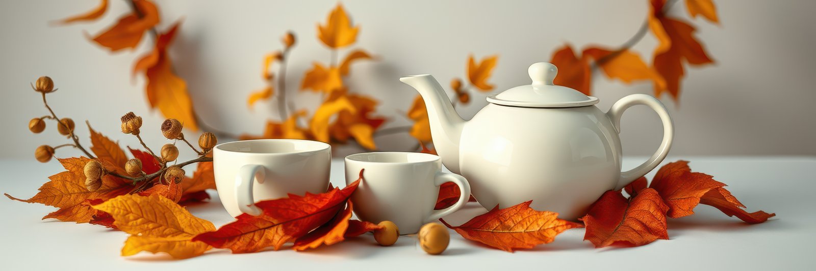 Elegant white teapot and cups surrounded by vibrant autumn leaves on a light background in a cozy setting